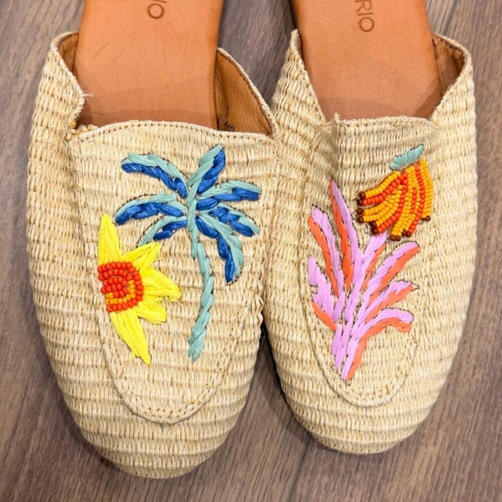 FARM Rio Tropical Beaded Embroidered Raffia Mule Flats Size 6.5 - Picture 3 of 7